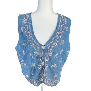 Vintage Denim-Front Floral Embroidery Vest Cotton XL